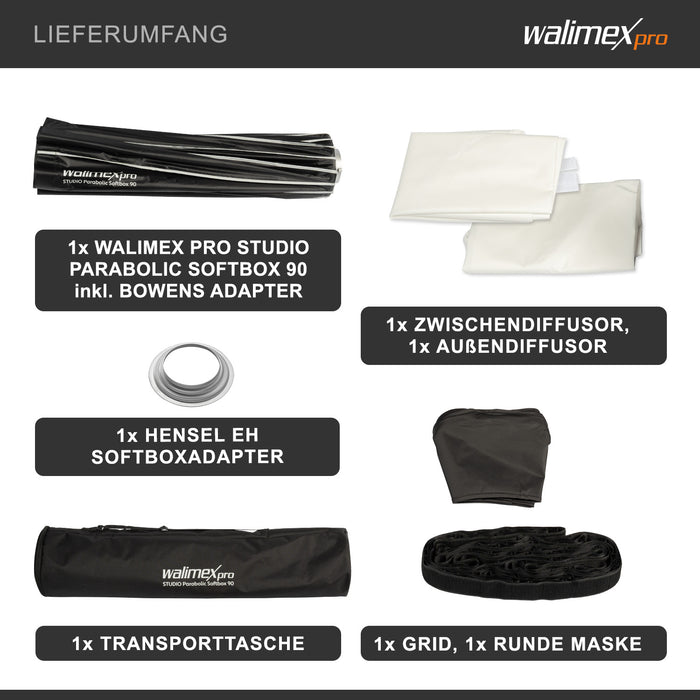 Studio Parabolic Softbox 90cm + adattatore softbox per Hensel Expert, ruotabile a 360°, facile da montare grazie alla funzione ombrello, include griglia, maschera
