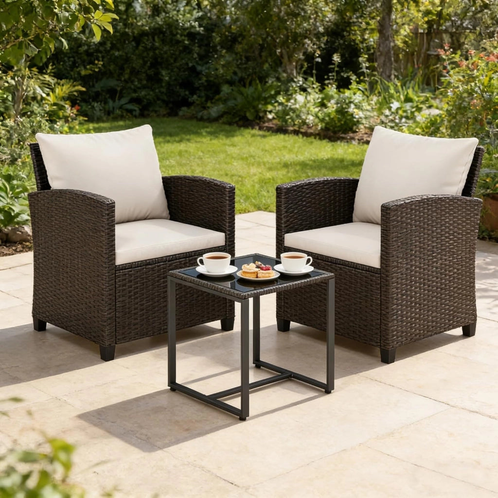 Set da Giardino 3 Pezzi, Set Salotto Esterno per 2 Persone, 2 Poltrone con Cuscini + 1 Tavolino con Piano in Vetro, Mobili da Esterno per Balcone, Terrazza, Cortile (Nero+Grigio)