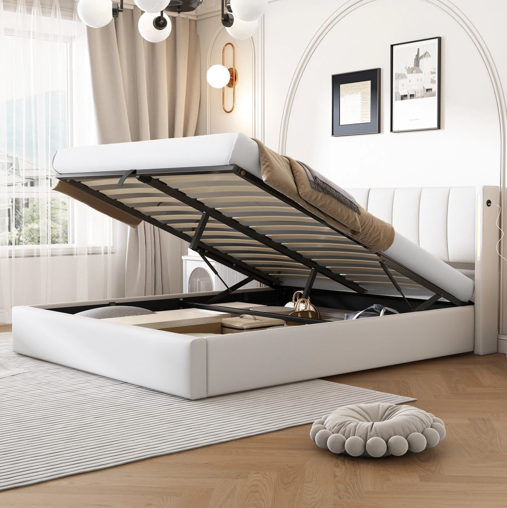 Letto imbottito 140x200 cm con LED, USB-C e vano contenitore