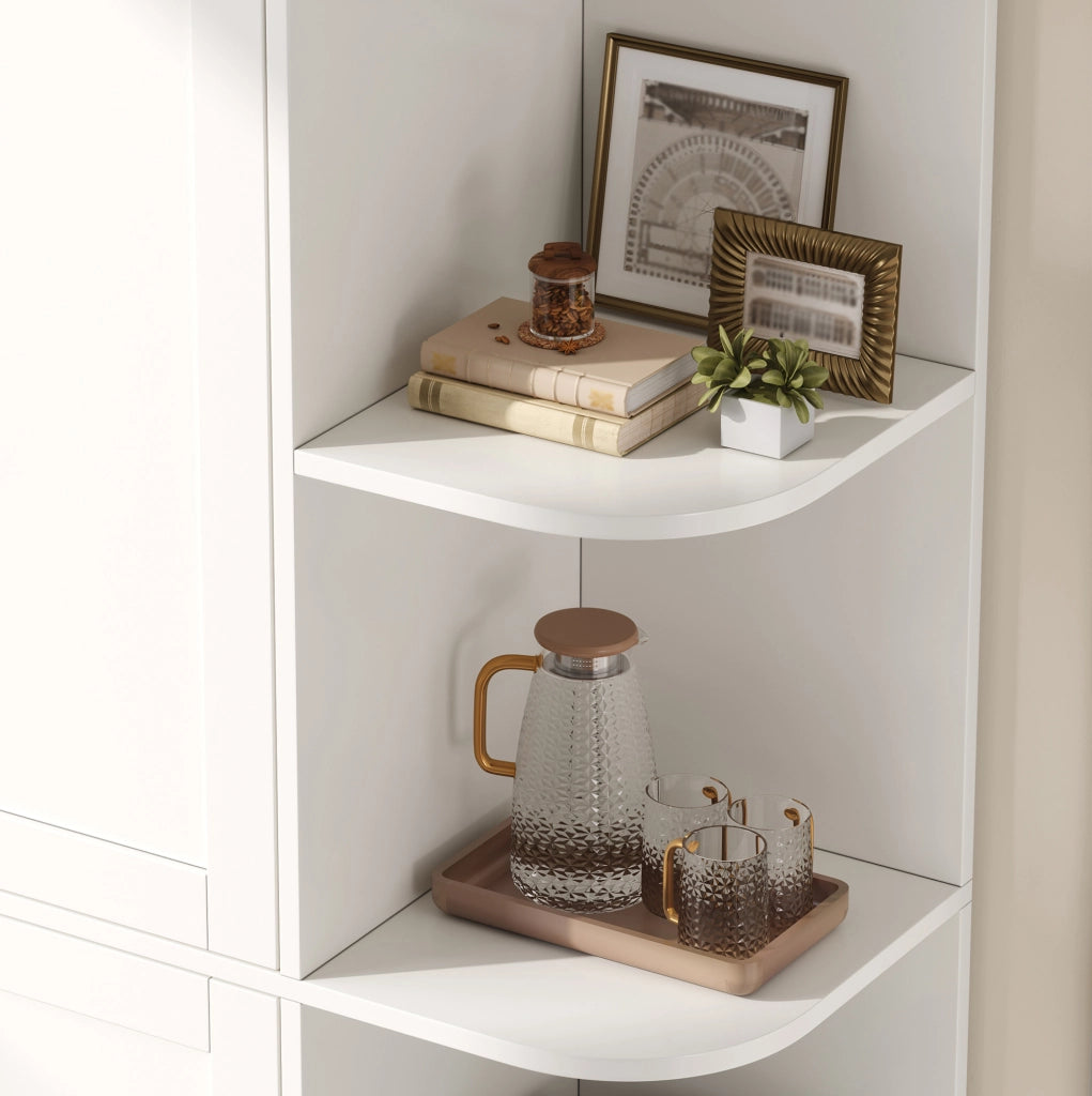 Credenza alta bianca con 4 vani aperti e ante; 103x40x163 cm in MDF