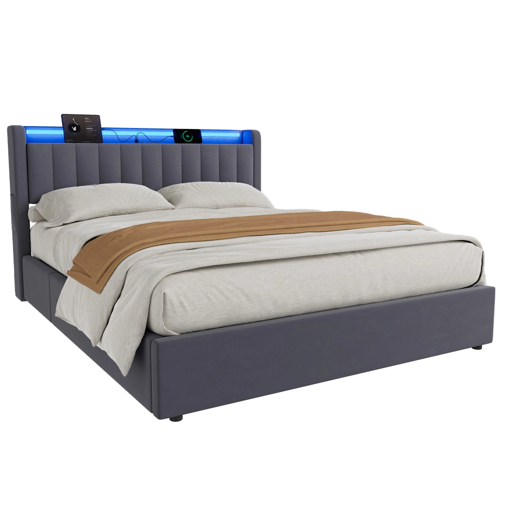 LETTO Imbottito 160 x 200 cm Grigio Scuro con Contenitore, USB e LED