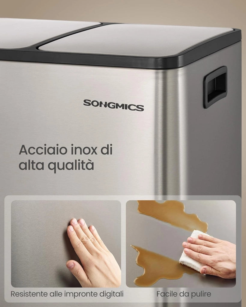SONGMICS Pattumiera Cucina 2 x 15 L, Cestino per Raccolta Differenziata 2 Scomparti, 15 Sacchetti, Secchi Rimovibili, Coperchio, Maniglie, Chiusura Morbida, Acciaio Inox, Argento LTB130EZ01