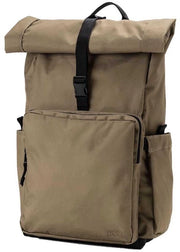 Borsa a Tela con Cappuccio e Chiusura a Rollino in Pelle Marrone