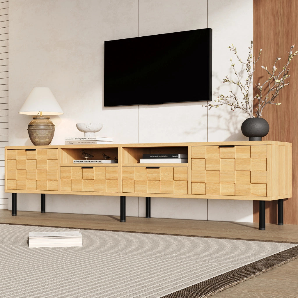 Mobile TV basso 200 cm in naturale, con 2 ante, 2 cassetti e 2 vani aperti, per TV fino a 80"