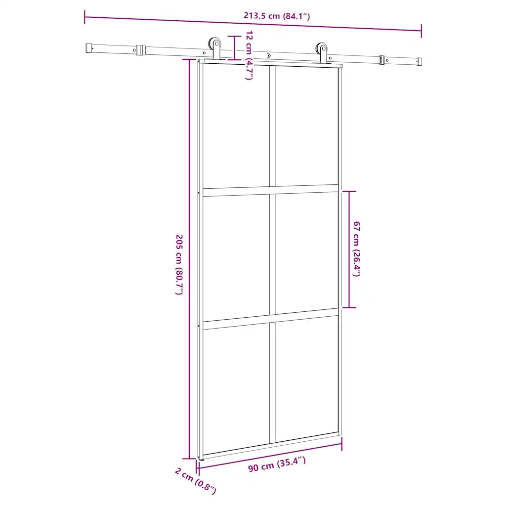 Porta Scorrevole Ferramenta 90x205 cm Vetro Temperato Alluminio 3332987