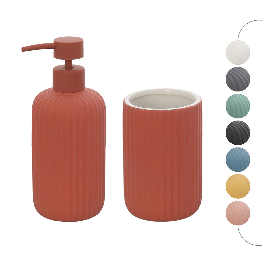 Set accessori bagno in ceramica rosso con dispenser sapone e due portaspazzolini Spring