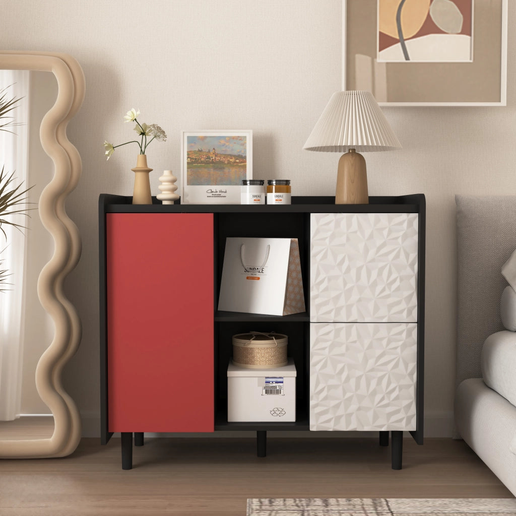 Credenza con 2 Cassetti; 2 Vani Aperti e 1 Anta per Cucina e Sala da Pranzo in MDF 90 × 40 × 80 cm Nero e Rosso