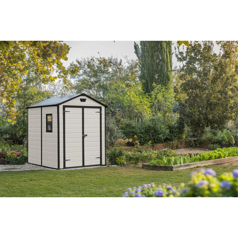 Casetta da giardino in resina effetto legno 185,8x236,8 cm - pavimento e doppia porta - porta lucchettabile - Beige – Keter