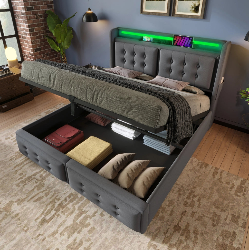 Letto matrimoniale contenitore 180x200 cm con LED e USB C; cotone e lino grigio