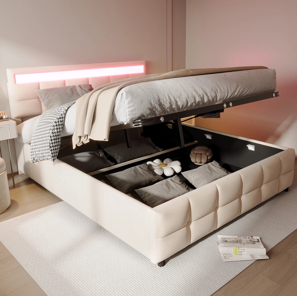 Letto imbottito 180x200 cm con LED; contenitore idraulico e rete a doghe; beige
