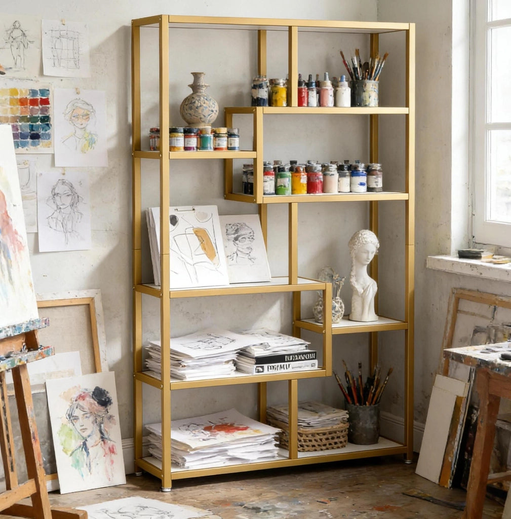 Libreria a 8 ripiani in metallo dorato e ripiani effetto marmo bianco