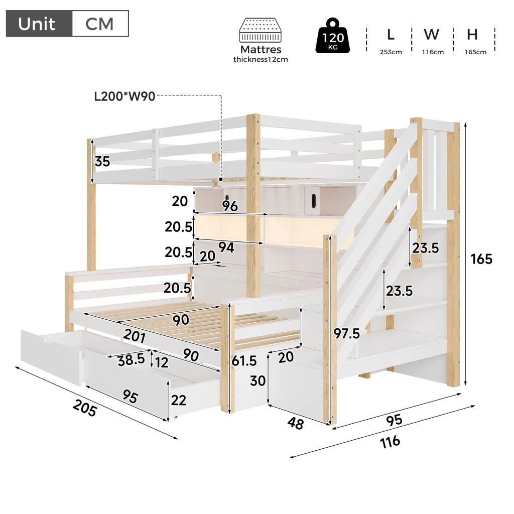 Letto a castello per bambini 90x200 cm; LED controllabile tramite app; USB e Type-C; scala contenitore; pino bianco