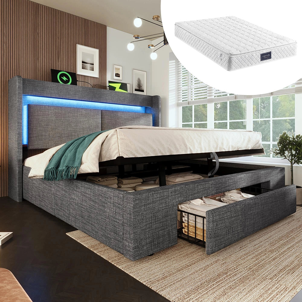Letto imbottito con testiera e contenitore - Xylo - 160x200 cm - Grigio - Spazio idraulico, luci LED, porte USB/USB-C