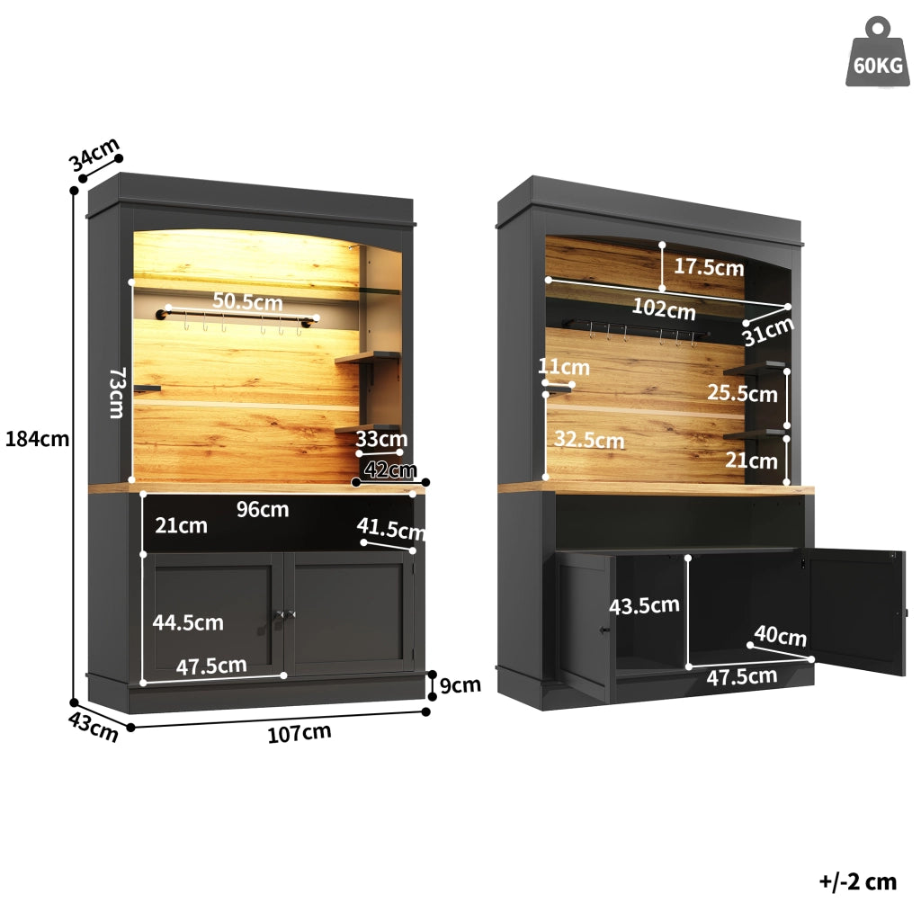 OKWISH Credenza Cucina Alta con 2 Ante, Ripiano Aperto, 6 Ganci e LED, per Cucina, Nero 107 × 43 × 184 cm