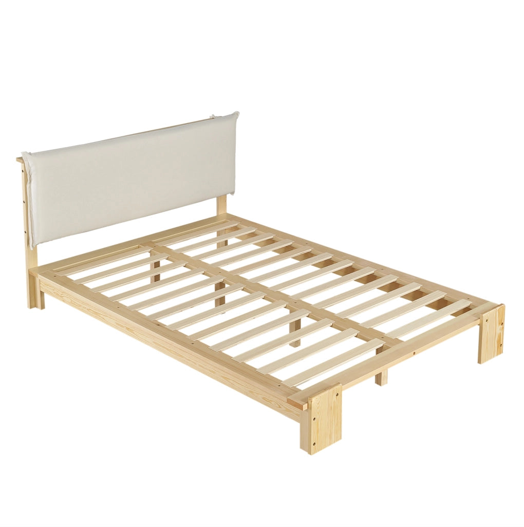 Letto singolo imbottito 140x200 cm con schienale imbottito e doghe stabili; legno e tessuto; naturale