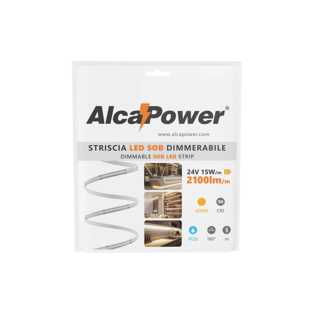 Alcapower Striscia LED Serie SOB 5 metri 4000K 15W/m 2100lm/m CRI90 24V IP20 - Illuminazione professionale ad alta efficienza per interni