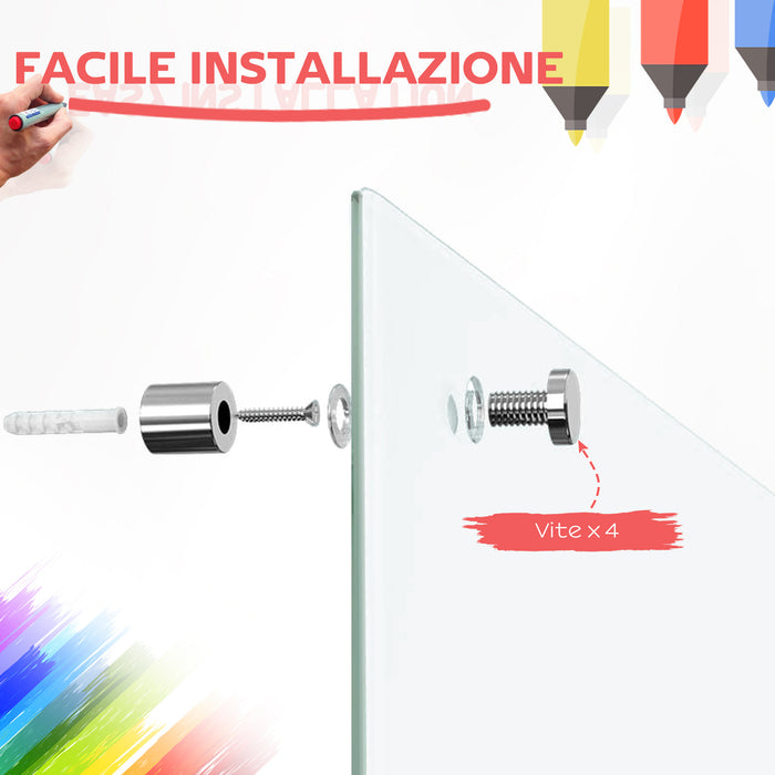 Lavagna Bianca 90x60x0,4 cm con 4 Pennarelli Colorati e Cancellino in Vetro e Alluminio Satinata