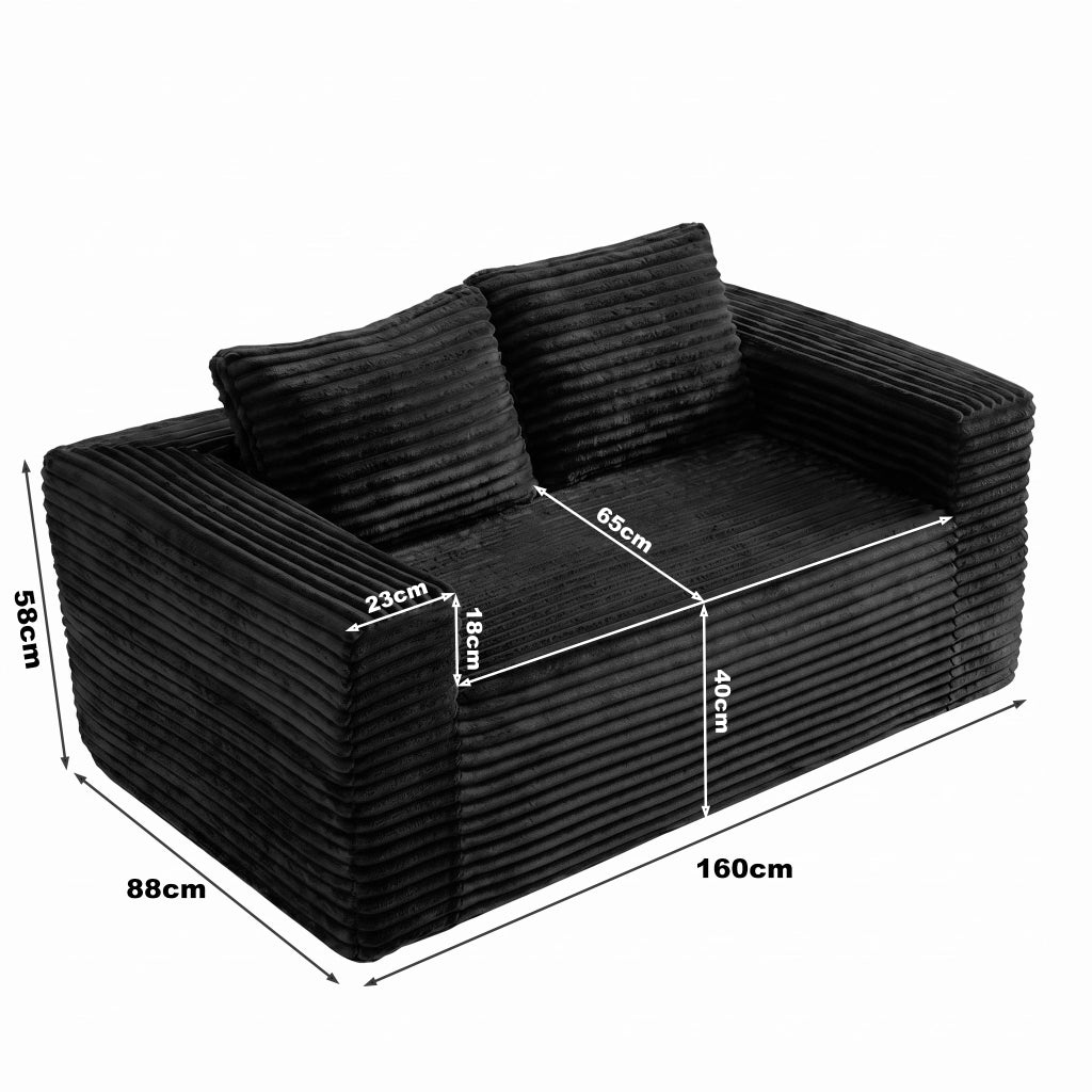 Divano a 2 posti in velluto a coste con schiuma ad alta densità senza montaggio per appartamento nero 105 × 32 × 32 cm
