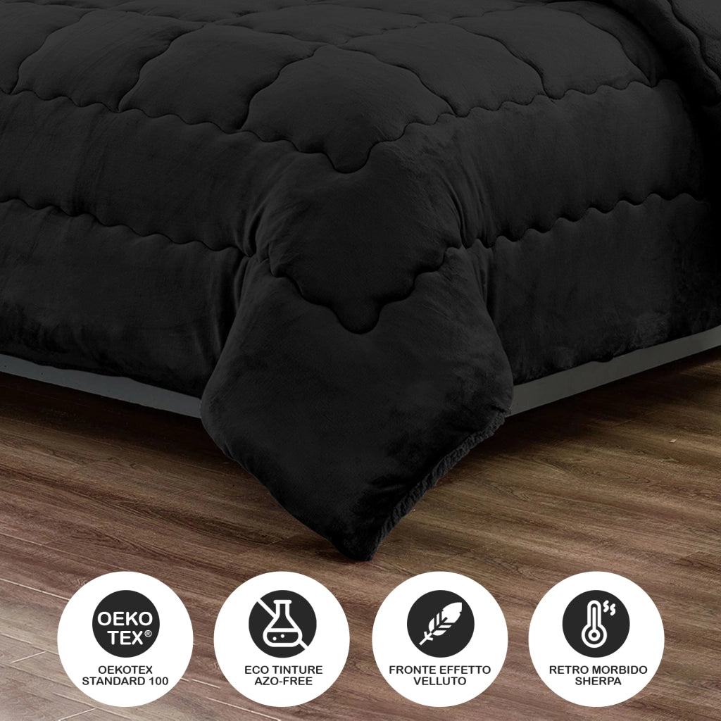 Trapunta Matrimoniale Velluto Retro In Sherpa Piumone Invernale Effetto Piuma 560 Gr/Mq Piumino Caldo Due Piazze Inverno Coperta Duck Friendly Nero