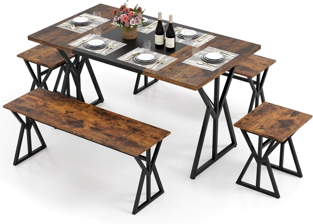 Set di tavolo da pranzo da 5 pezzi, tavolo da cucina 140 x 80 cm con 2 panche, 2 sgabelli, piano multicolore, telaio metallico, set di mobili industriali per la casa, bar, ristorante