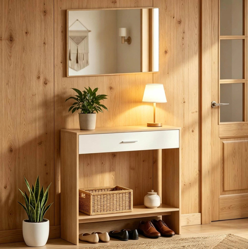 Mobile ingresso con specchio, cassetto e ripiano rovere bianco