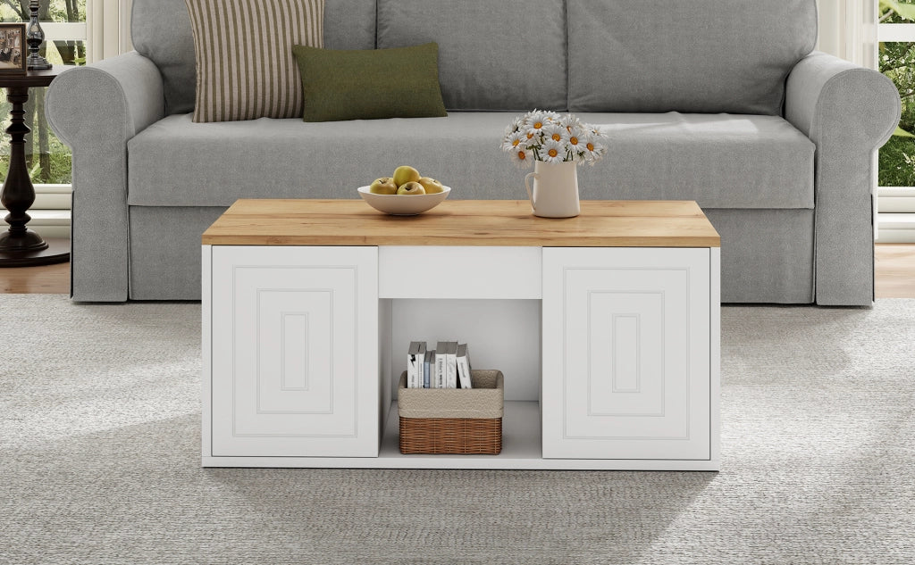 TAVOLO CAFFÈ elevabile 46x95x45 cm bianco e naturale con 2 ante