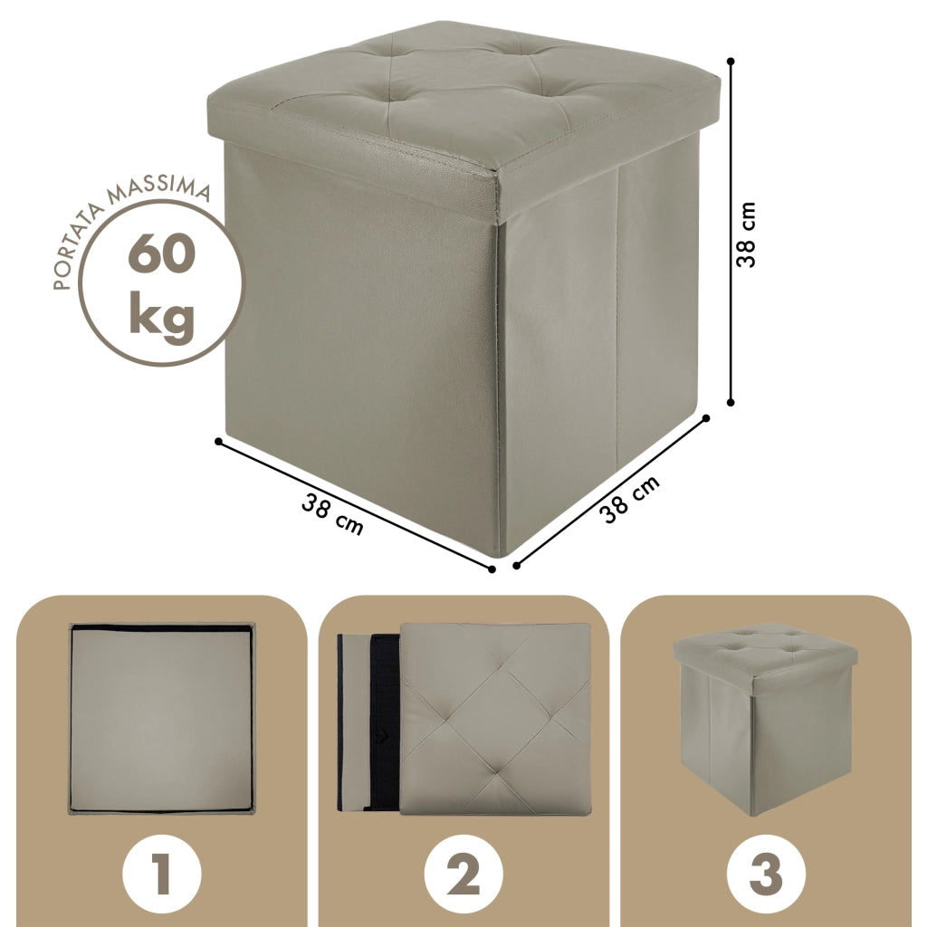 Pouf Poggiapiedi In Ecopelle 2 In 1 Contenitore 38x38Cm Quadrato Salotto Sgabello Camera Soggiorno Portaoggetti Design Moderno Complemento D'arredo Portaoggetti Panca Ingresso  Grigio