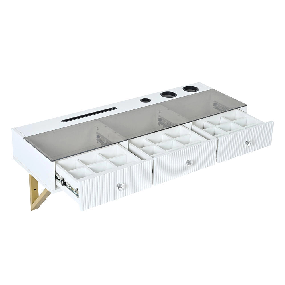 Coiffeuse sospesa con 3 cassetti - Xylo - 120¡Á40¡Á45cm - Bianco - Piano in vetro e porta bicchieri