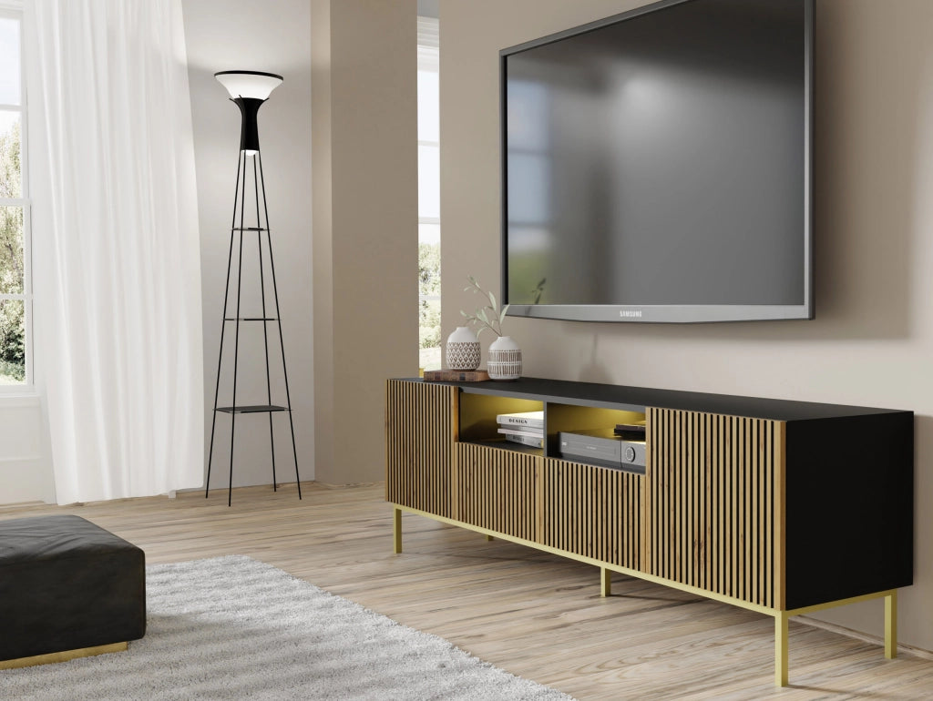 MOBILE RAVENNA F PORTA TV IN MDF VERNICIATO 2D2S 200 NERO OPACO ROVERE ARTIGIANALE STRUTTURA ORO