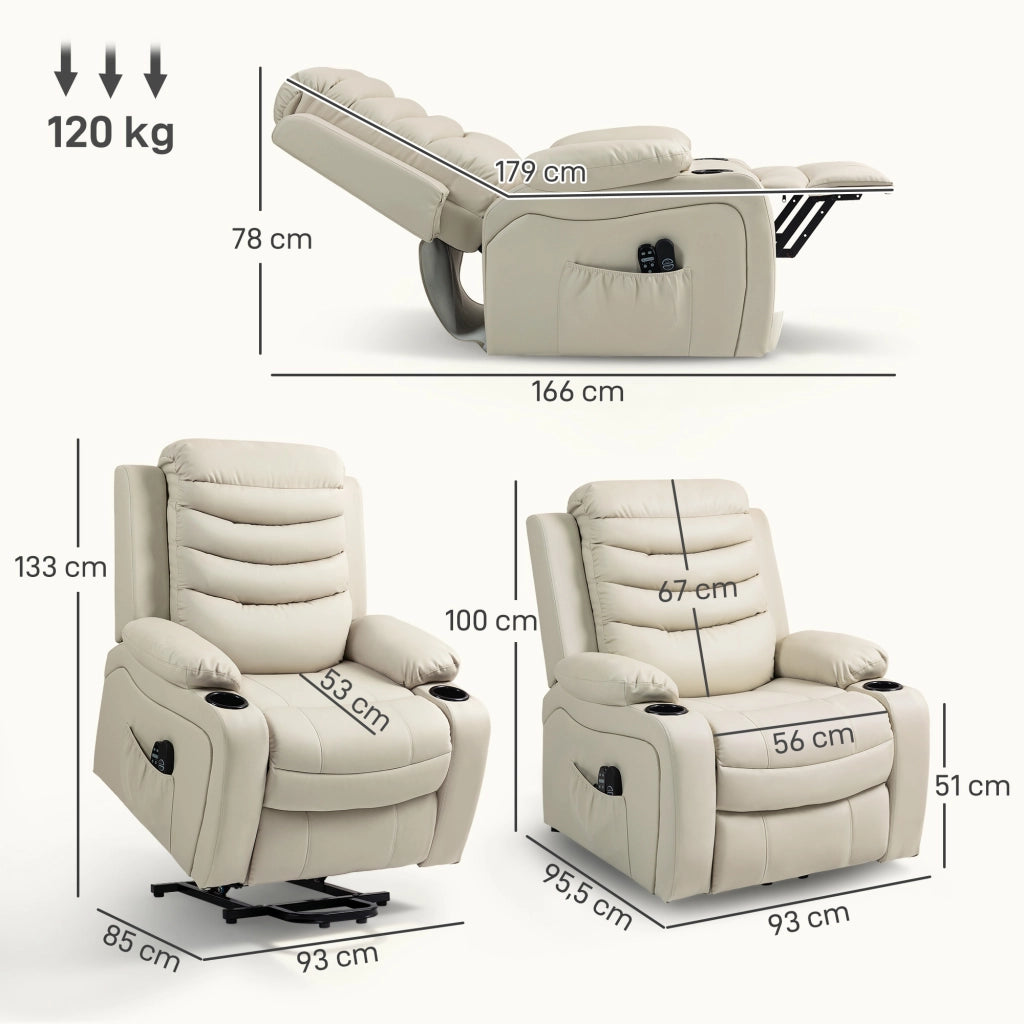 Poltrona Relax Elettrica con Alzapersona, Massaggio, Riscaldamento, USB ¨C zephmum ¨C Creme, Pelle