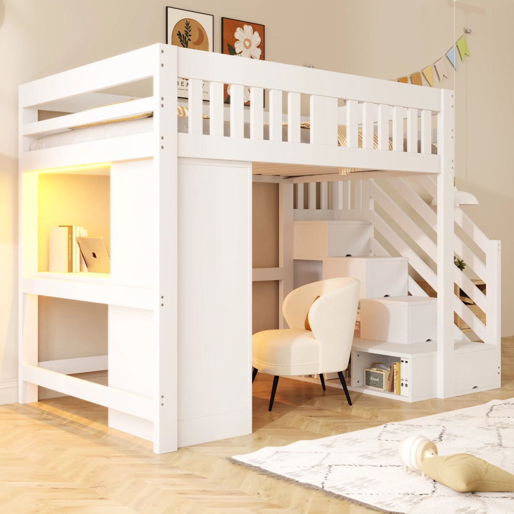 LETTO A CASTELLO 140x200 cm con scrivania, scala contenitore e LED bianco