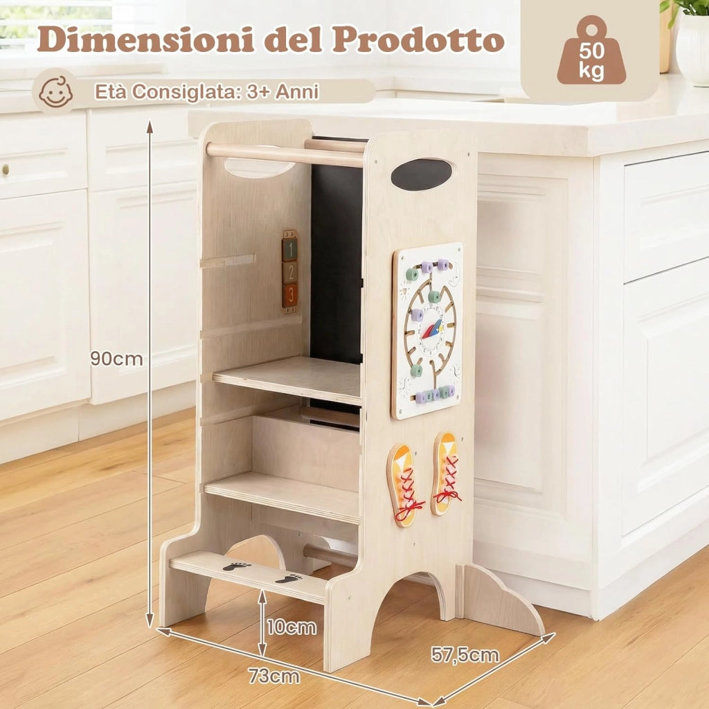 Torre Montessoriana in Legno Bambini, Torre di Apprendimento 3 Altezze Regolabili con Giochi Educativi e Lavagna, Corrimano Sicurezza e Piedini Antiribaltamento, per Cucina e Bagno