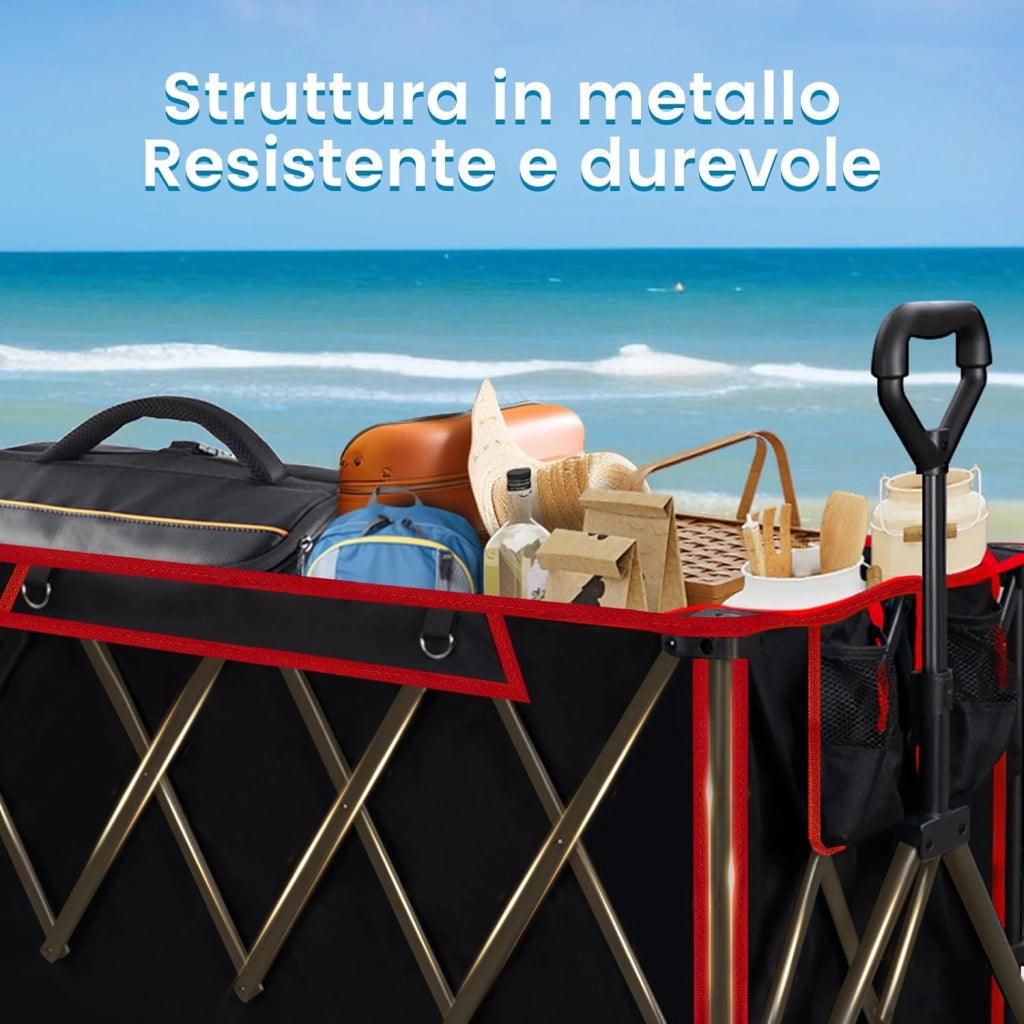 Carrello Pieghevole con Ruote da Spiaggia, Giardino, Campeggio, Viaggio, Spesa, con Borsa di Trasporto, Oxford+Acciaio, Nero+Rosso