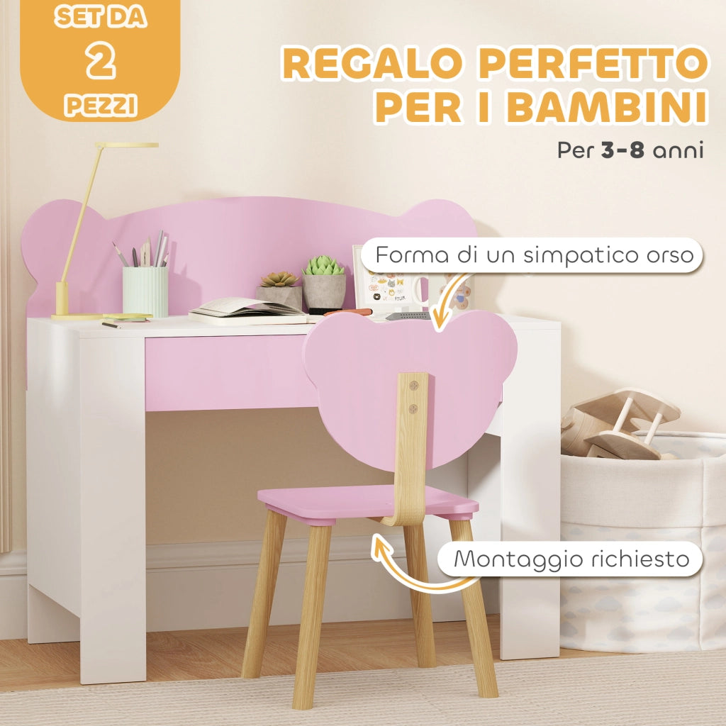 Set Scrivania per Bambini con Cassetto e Sedia con Schienale a Orsetto, Et¨¤ 3-8 Anni, Rosa
