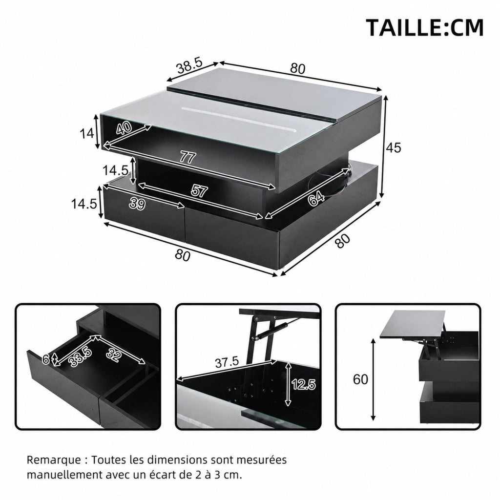 TAVOLINO da caffè 80x80x45 cm nero con LED e 2 cassetti