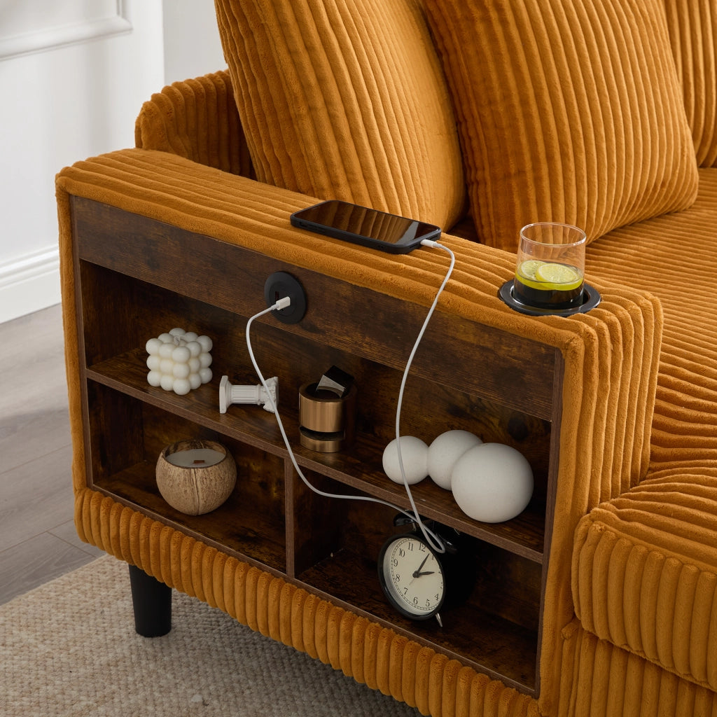 Chaise Longue con Portabicchieri, Illuminazione LED, Tasca Laterale, Vano e USB, Velluto Corduroy Senape