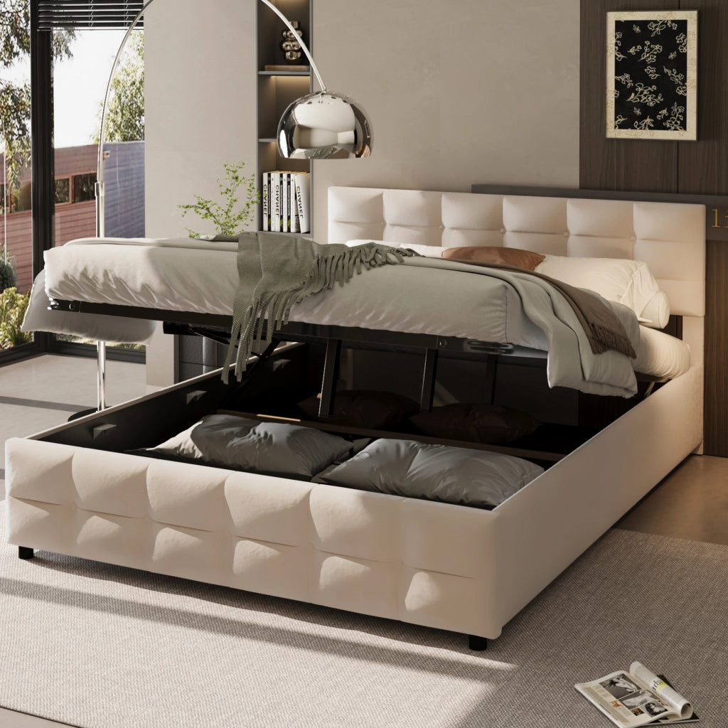 Letto Contenitore 180x200 cm - Sollevamento idraulico; Rete a doghe - Beige