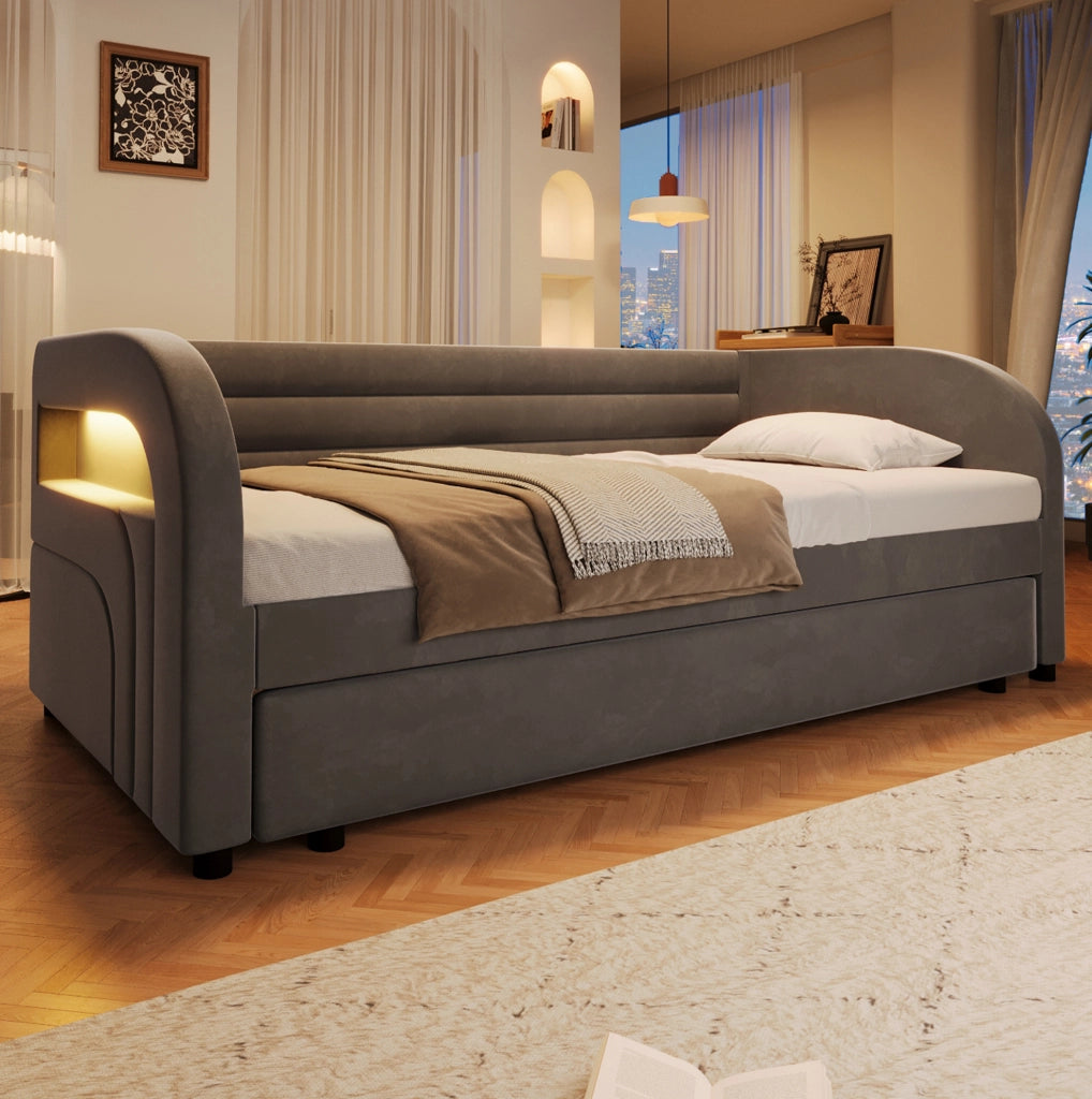 Letto piattaforma imbottito 90x200 cm con letto estraibile e illuminazione LED; grigio