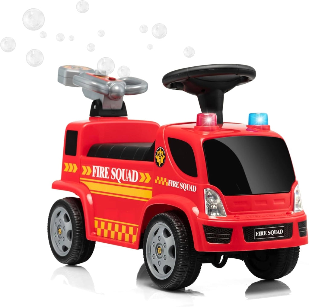 Macchina Cavalcabile per Bambini, Camion Pompieri Realistico con Sedile, Pistola a Bolle d'Aria, Musica, Sirena e Luci di Emergenza, Carica 20 KG, Macchina per Bambini da 18-36 Mesi (Stile A)