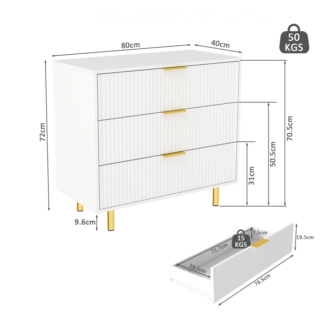Cassettiera in MDF bianca con 3 cassetti e gambe in metallo dorato