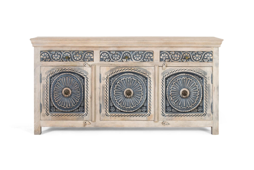 Credenza in legno massello di mango con tre cassetti e tre ante