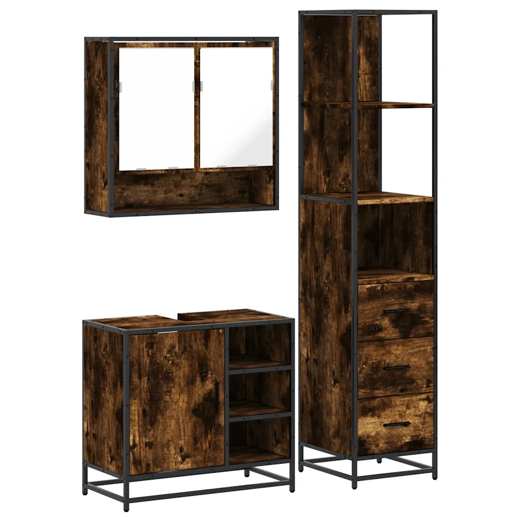 Set Mobili da Bagno 3 pz Rovere Fumo in Legno Multistrato