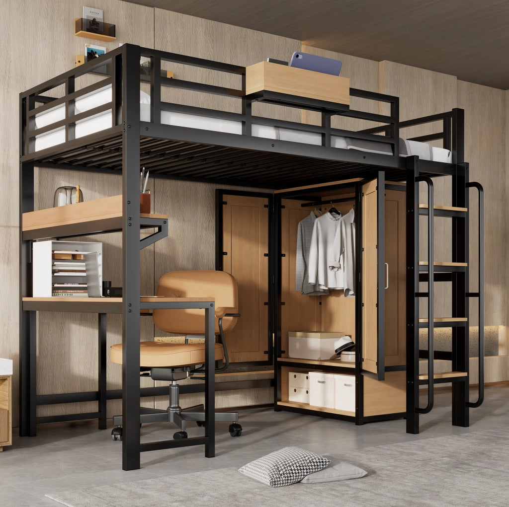 Letto a soppalco multifunzione con armadio, scrivania e vano contenitivo