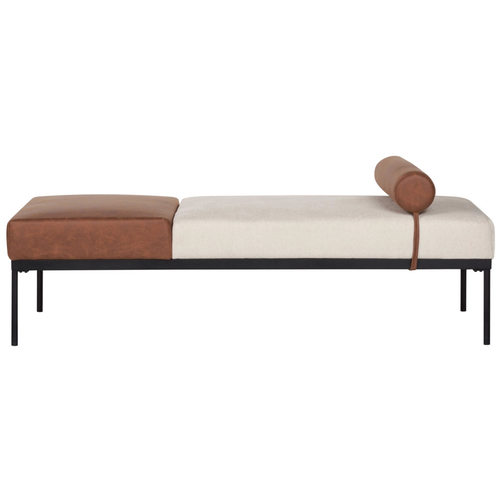 Chaise longue in lino sintetico ecopelle beige e marrone con gambe nere in ferro stile elegante