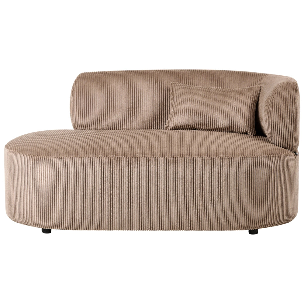 Chaise longue con rivestimento in velluto a coste beige sabbia e cuscino decorativo lato destro
