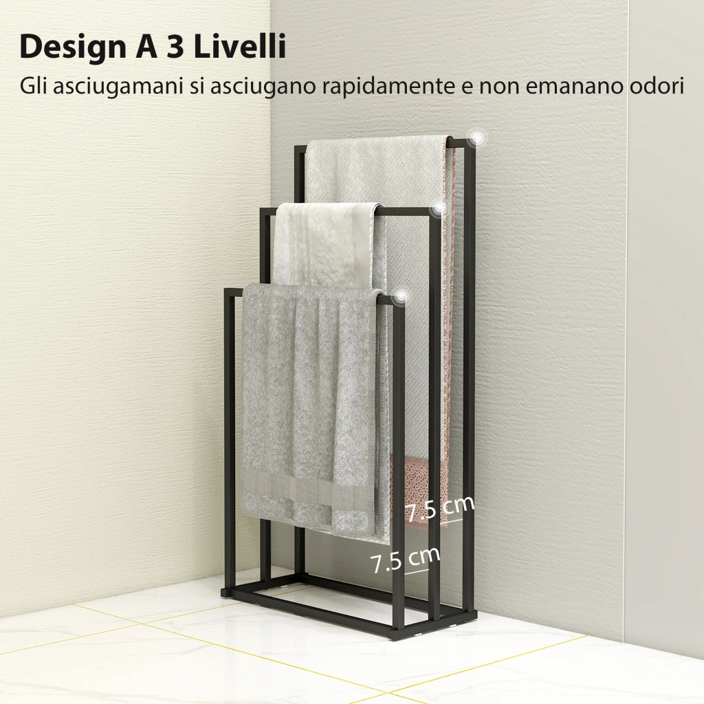 Portasciugamani da Terra a 3 Bracci Autoportante 45x21.5x85 cm in Acciaio Nero