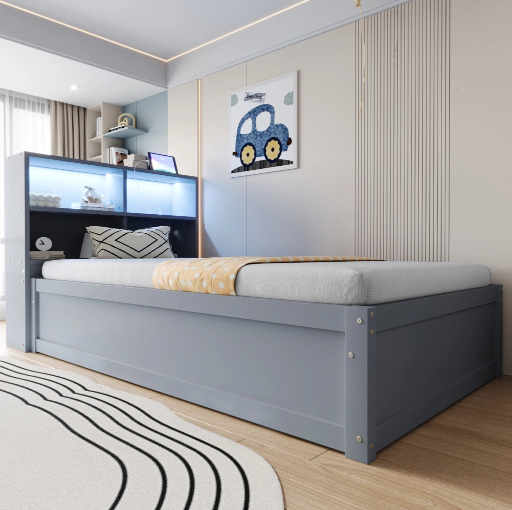 Letto singolo multifunzione con LED, presa integrata e 4 vani contenitivi