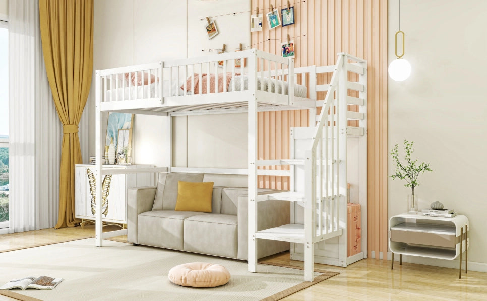 Letto soppalco bambini 90x200 bianco con scala e contenitori， senza materasso