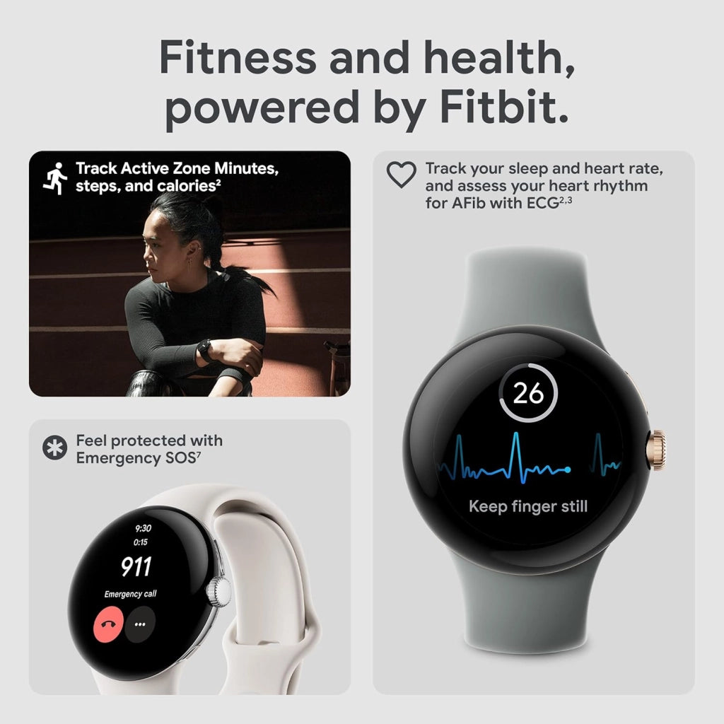 Pixel Watch 1st Gen - Smartwatch Android con monitoraggio dell'attività Fitbit, orologio con monitoraggio della frequenza cardiaca, cassa in acciaio inossidabile nero opaco con cinturino attivo