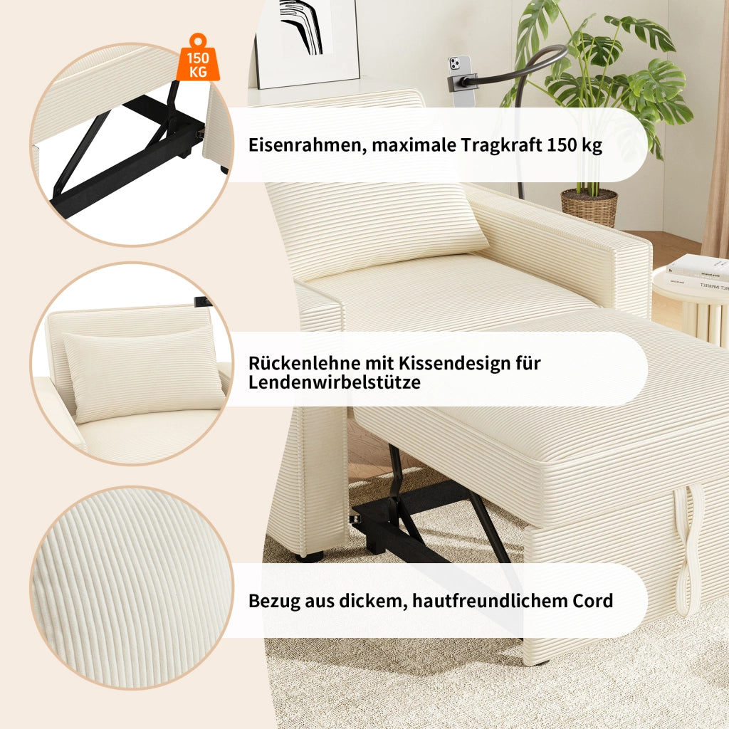 Divano letto 1 posto - con schienale regolabile; USB e porta smartphone - in tessuto a coste beige